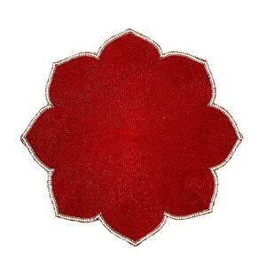 TAHARI Glass Beaded Charger Placemat 15" Holiday Red White Scalloped Border NEW